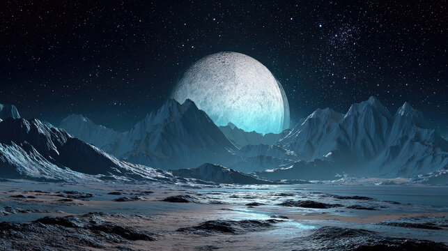 Fantasy tropical beach under full moon night concept. A stunning view of a moonlit alien landscape with majestic mountains.