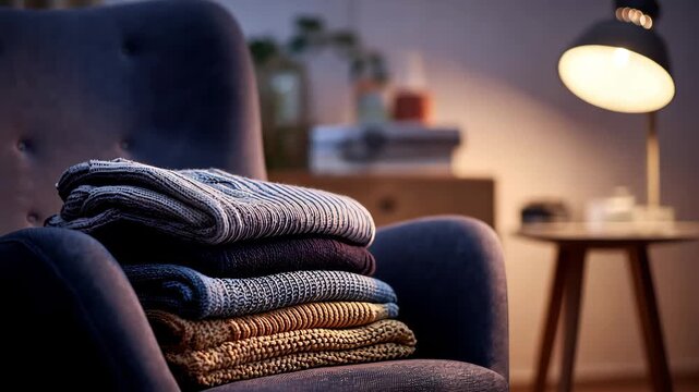 Stack of folded sweaters on armchair with lamp clothing