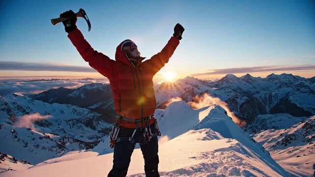 A triumphant figure on a snow-covered mountain peak celebrates a victory at sunrise