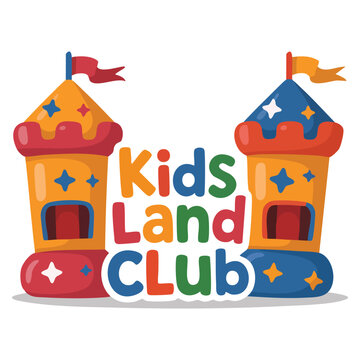 Colorful Kids Land Playground and Entertainment Club promo sign featuring bouncing castle perfect for children playing space and fun activity area