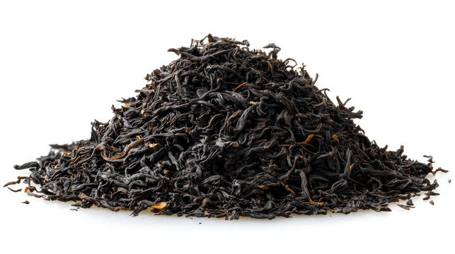 Heap of loose dried black tea leaves with textured, curled, dark brown to black appearance
