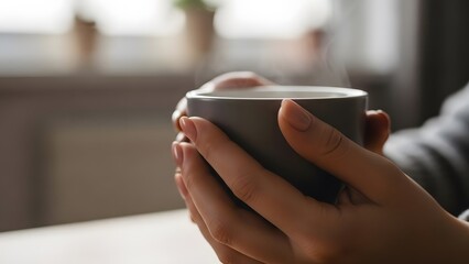Close-up of women's hands embracing a steaming coffee mug, a feeling of comfort and a relaxing pause.