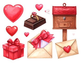 Watercolor Valentine's Day set with hearts, gifts, mail, ring, and chocolate