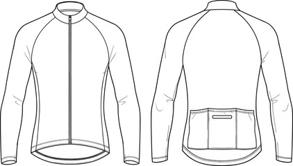 Fashion vector technical drawing illustration of a men's long-sleeve athletic cycling jersey featuring a full zipper, raglan sleeves, and rear pockets.
