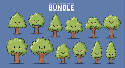 A set of cartoon trees with different facial expressions on blue background, bundle of twelve trees with various emotions, cute green trees with brown trunks and smiling