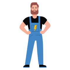Fototapeta premium Electrician character vector illustration in blue overalls ideal for professional construction repair work and technical service themed creative designs