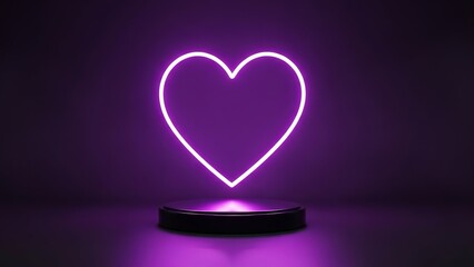 A luminous purple neon heart sign glows brilliantly on a sleek dark pedestal