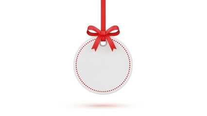 Elegant blank circular tag with a red dotted border suspended by a festive ribbon bow
