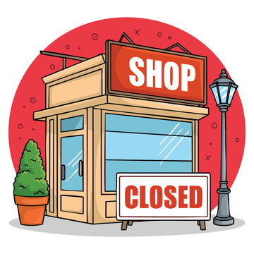 Empty storefront with shop closed plate store is not working vector illustration ideal for retail business closure announcement commercial theme and urban graphic design