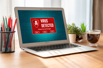 Virus warning alert on computer screen detected modish cyber threat , hacker, computer virus and malware