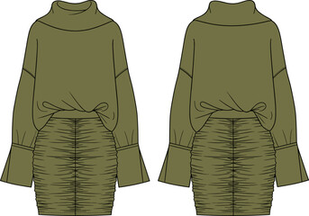 Fashion vector technical drawing illustration of a women's relaxed fit mini dress featuring a cowl neck, wide cuffs, and a fully ruched skirt.