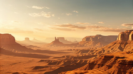 Fototapeta premium Mars landscape showing rock desert and sky concept. Breathtaking desert landscape with stunning rock formations at sunset.