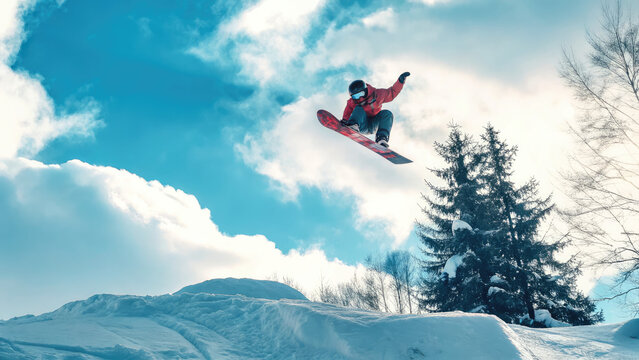 Snowboarder backflipping in extreme action concept. Daring snowboarder soars through sky in a stunning winter landscape.
