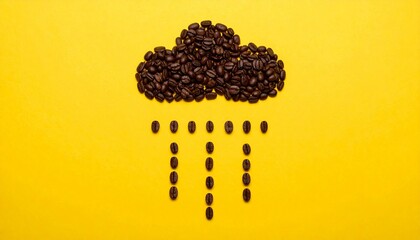 Creative Cloud of Coffee Beans Raining Down Delicious Drops on a Yellow Background
