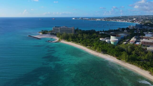 Drill Hall Beach panoramic aerial view at South Coast in city of Bridgetown, Saint Michael, Barbados. 