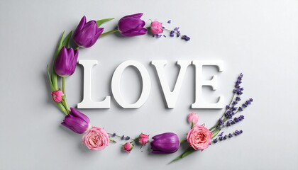 LOVE text in floral wreath of purple tulips, pink roses, and lavender on a light grey background