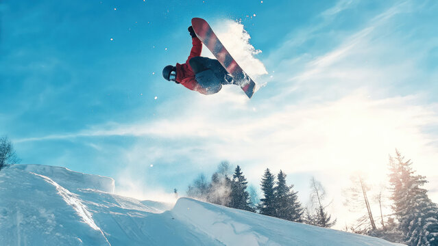 Snowboarder backflipping in extreme action concept. Snowboarder flipping in mid-air on sunny winter day.