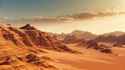Naklejka premium Mars landscape showing rock desert and sky concept. Stunning desert landscape with rocky formations and golden sands.