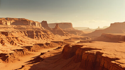 Mars landscape showing rock desert and sky concept. Stunning desert landscape with cliffs and valleys under clear skies.
