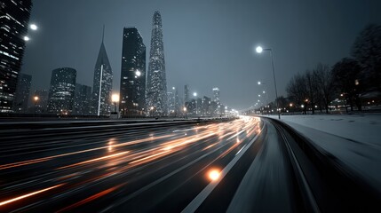 Cityscape at night with road traffic and buildings lights, modern architecture