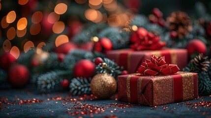 Red and gold Christmas presents with elegant decorated Christmas tree, blurred bokeh lights background, festive atmosphere for holiday shopping, gift-giving and Secret Santa events