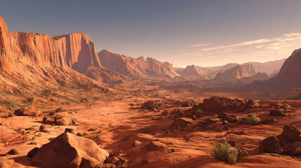 Mars landscape showing rock desert and sky concept. Vast desert landscape with red rocky formations under clear sky.