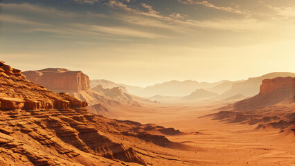 Naklejka premium Mars landscape showing rock desert and sky concept. Vast desert view with rocky formations under a serene sky.