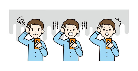 スマートフォンを見て頭を抱える、若い男性・会社員の上半身ベクターイラスト素材セット＿カラー