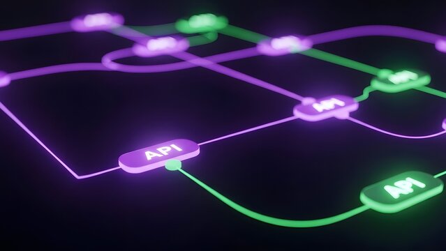 Neon API integration flowchart with glowing purple and green lines connecting microservices