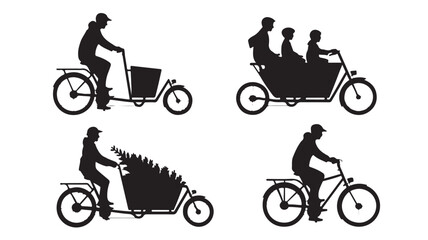 Obraz premium Cyclist silhouettes with cargo and passengers in minimalist black style on white background for transportation illustration