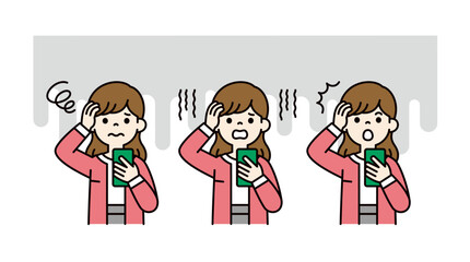 スマートフォンを見て頭を抱える、若い女性・主婦の上半身ベクターイラスト素材セット＿カラー