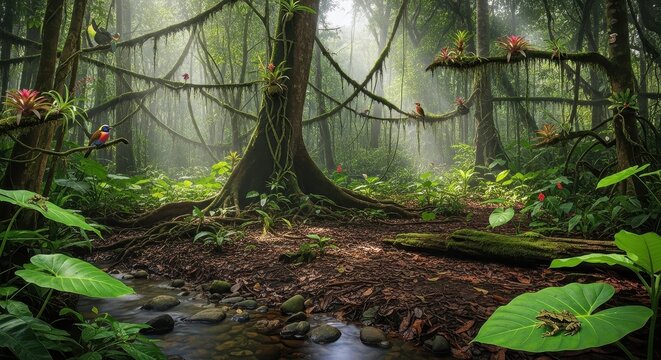 Lush rainforest environment exhibiting thriving biodiversity and peaceful wilderness ambiance