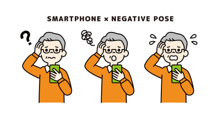 スマートフォンを見て頭を抱える、おじいさん・祖父の上半身ベクターイラスト素材セット＿カラー