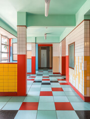 Colorful corridor interior geometric pattern retro hallway bright tiled wall checkerboard floor modern architecture empty school vivid color block