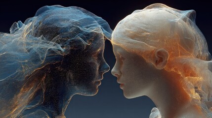 Abstract artwork depicting two faces merging in a digital or ethereal representation