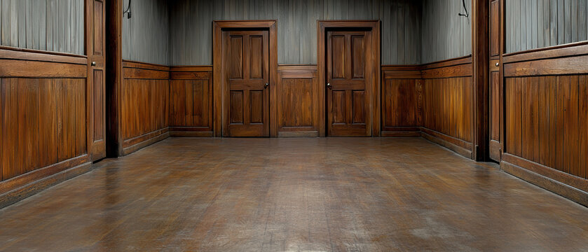 Wooden hallway closed door vintage interior empty room corridor brown wood classic design moody lighting speakeasy copy space Wooden hallway with