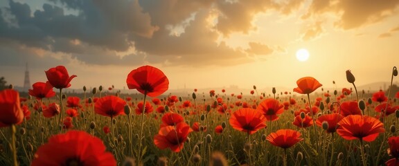 poppy field at sunset, panoramic banner with red flowers generative AI poppy field at sunset, panoramic banner with red flowers