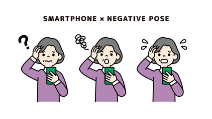 スマートフォンを見て頭を抱える、おばあさん・祖母の上半身ベクターイラスト素材セット＿カラー