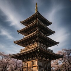 Fototapeta premium Majestic five story pagoda structure against a striking skyline in an ancient urban setting