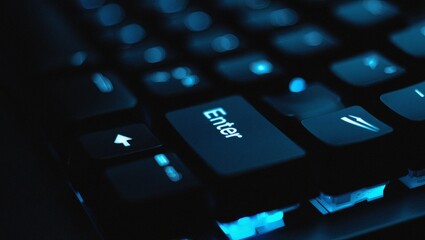 Neon Blue Backlit Keyboard Enter Key Macro Shot. Technology, Gaming, Hacking Concept.