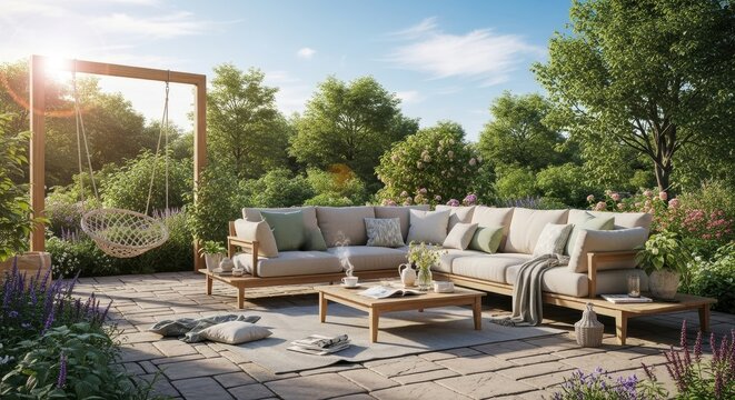 Inviting outdoor living space with comfortable seating and lush green landscape background