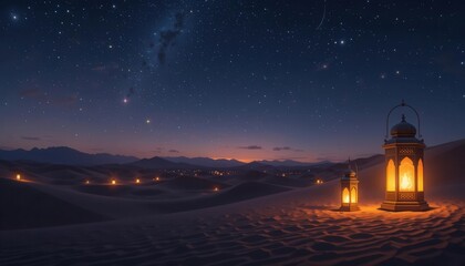 Fototapeta premium Lantern in the Sahara desert at night. 3d rendering AI generated Lantern in the Sahara desert at night. 3d rendering AI generated