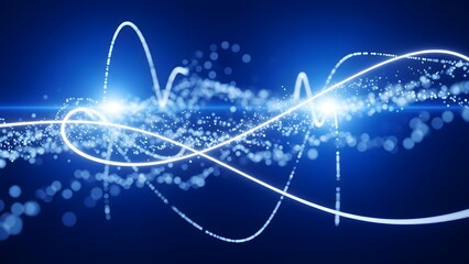 Abstract blue light trails and glowing particles representing data flow and digital communication in a technological network.