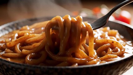 A closeup shot capturing a fork expertly twirling and lifting delicious saucy pasta from a rustic bowl showcasing the rich texture and appetizing appeal of a freshly prepared meal perfect for a cozy .