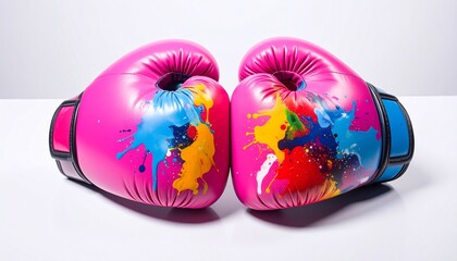 Dynamic pink boxing gloves adorned with an explosion of colorful paint splatters, representing a spirited fusion of art and power
