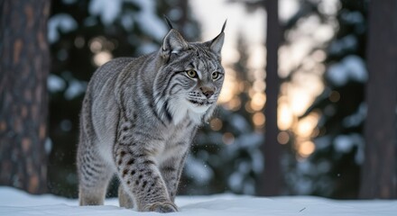Lynx portrait in the snowy forest during winter season with soft light conditions approaching