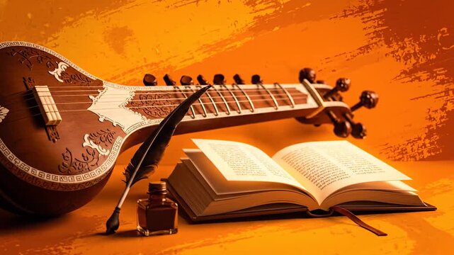 Sitar Book Quill Inkpot Symbol of Saraswati Puja Music Knowledge