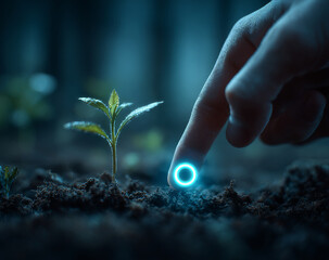 Fototapeta premium Person planting a young seedling with a futuristic glowing green light on the finger