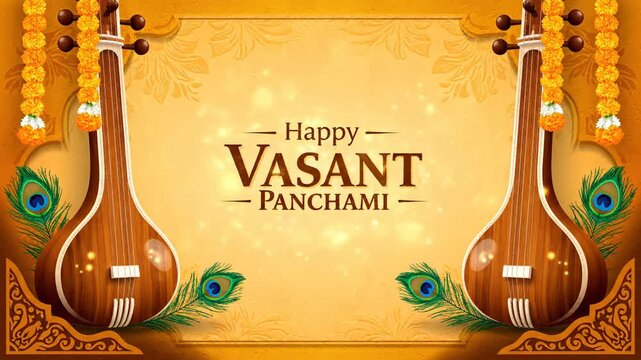 Happy Vasant Panchami Festival Background with Veena and Peacock Feathers