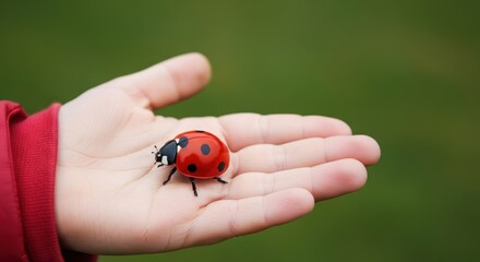 Obraz premium Ladybug resting calmly on the open palm of a child against green bokeh background